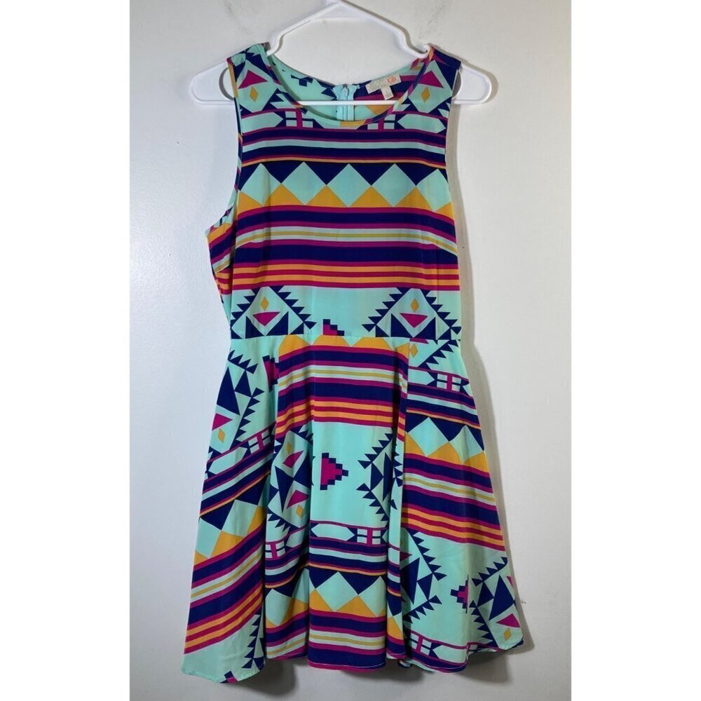 Womens Sleeveless GB Aztec Southwest Fit Flare Dress Pink Green Blue‎ L